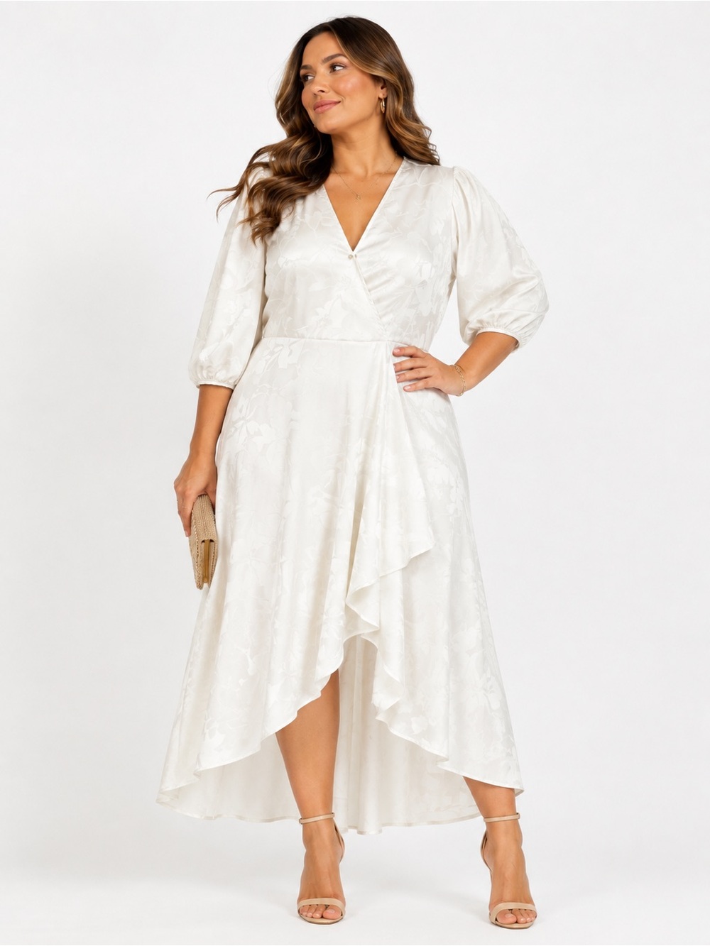 Calvin Klein White Wrap High-Low Floral Jacquard Dress Asymmetrical Lightweight - Picture 1 of 14